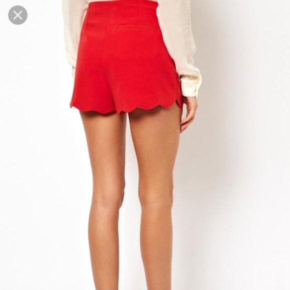 Monteau Pants - Monteau Red Scalloped High-Waisted Dressy Shorts